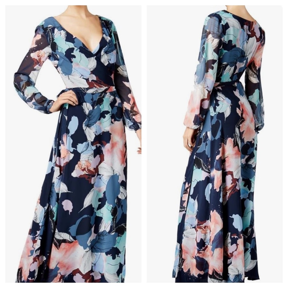 Bar III Woman’s Maxi Long Navy Blue Floral Printed Wrap Dress XL